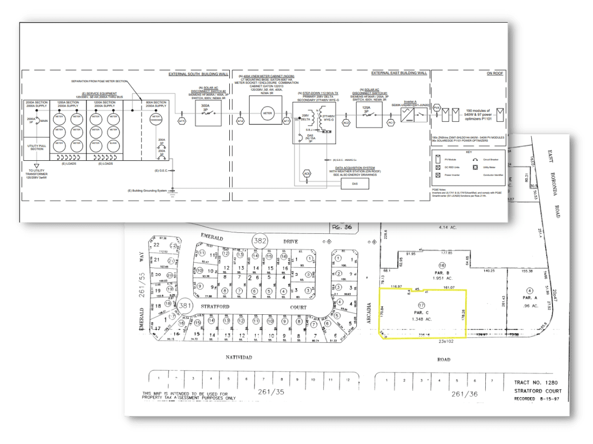 Single line diagram of commercial solar plan and assessor's map of property parcels for a commercial solar project development.