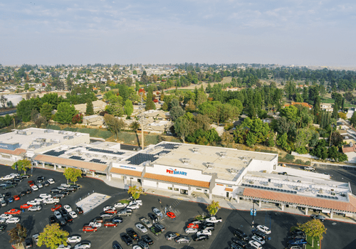 Shopping mall with a Petsmart that has solar panels on the roof